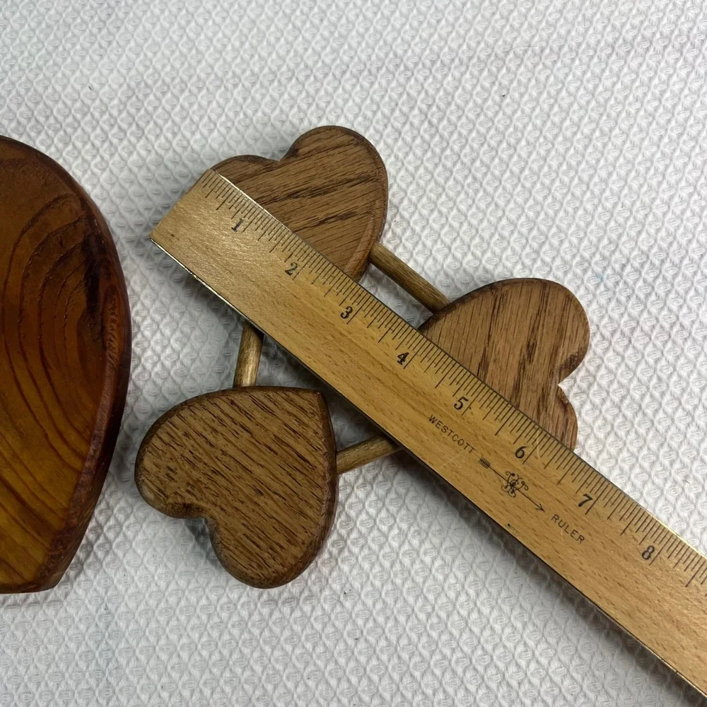 Vintage Wood Heart Wall Hook Peg and Triple Heart Trivet Set Rustic Farmhouse